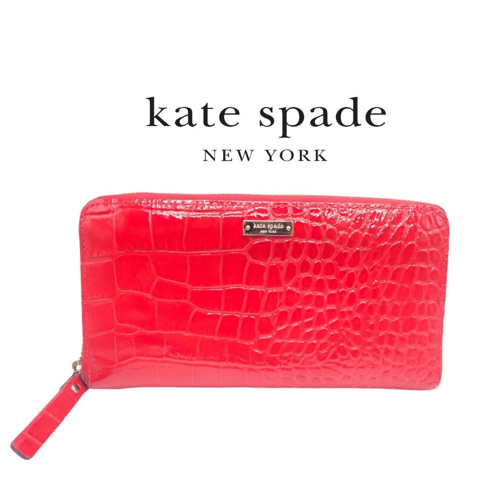 𝅺KATE SPADE RED EMBOSSED Patent Leather Long Zipper Wallet!